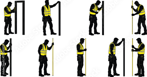 Construction worker silhouette, measuring vertical post, safety helmet, high visibility vest, black and white illustration, site inspection, engineering, carpentry, building, industry