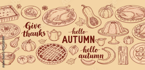 Autumn harvest celebration with Thanksgiving dinner spread, featuring pies, turkey, and seasonal produce