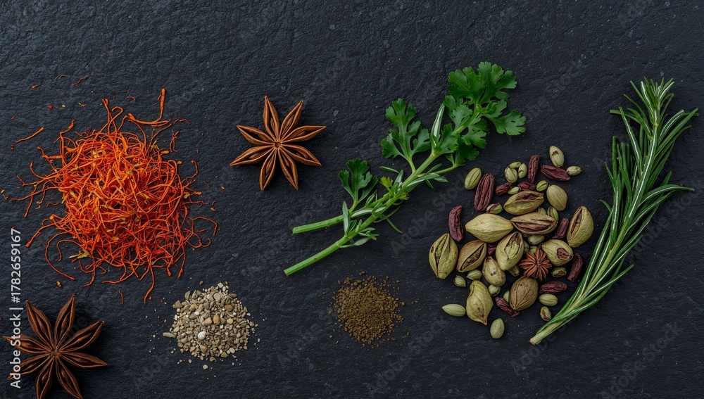 Fototapeta premium Aromatic Arrangement. Culinary Still Life with Spices and Fresh Herbs Composition.