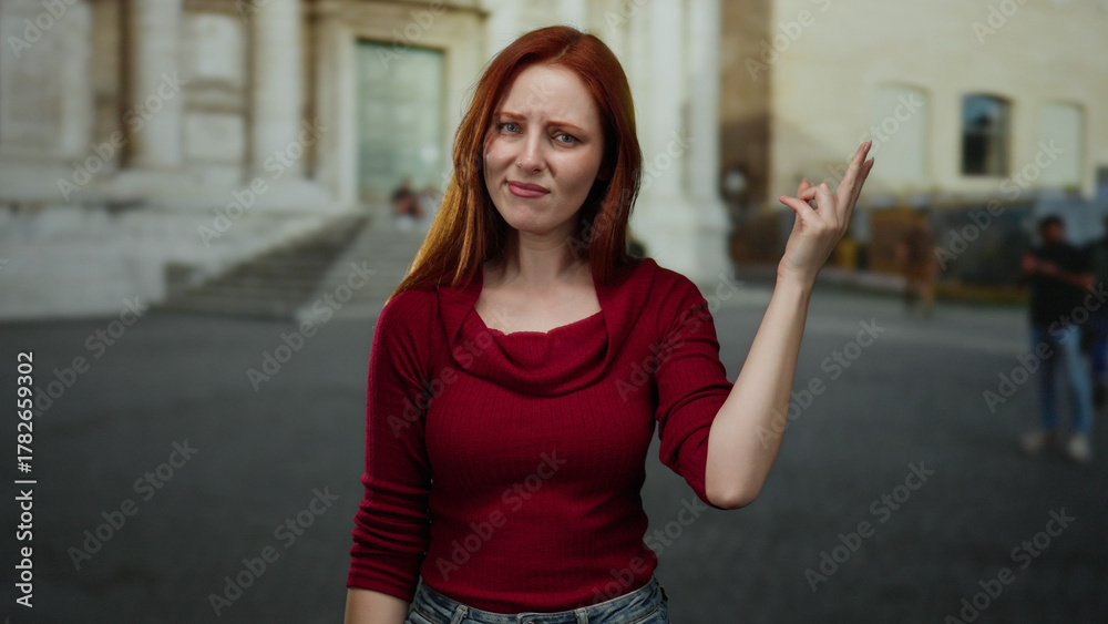 Fototapeta premium Woman with red hair and red sweater standing on city street looks curious while posing outdoors in urban environment, surrounded by architecture and distant pedestrians.