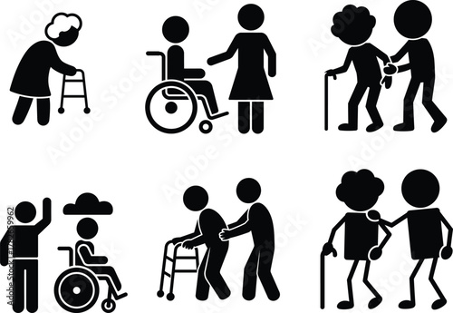 Elderly care and disability assistance icons on white background