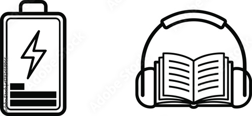 Black and White Vector Icons of Battery Charging and Audiobook Concept – Minimalist Energy Symbol and Educational Listening Design for Tech, Learning, and UI Themes
