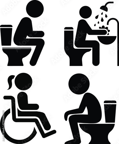 Public restroom icons showing toilet use, hygiene, and access.