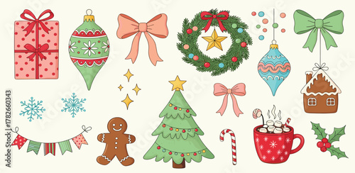 A charming collection of hand-drawn Christmas holiday elements including a tree, gingerbread man, and ornaments in a festive vintage style