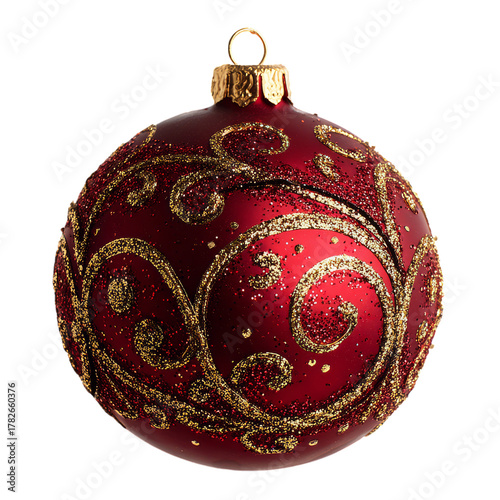 Sparkling Red Christmas Ornament With Gold Design Hanging on Display