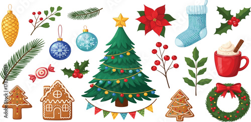 Festive Holiday Icons Christmas Tree, Ornaments, Gingerbread, Stocking, Wreath, and More Festive Decorations
