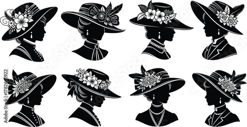 Vintage women silhouettes, elegant hat illustration, floral fashion accessories, classic attire artwork, historical costume design, stylish profile vector, retro fashion icons