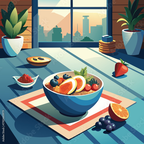 Healthy Breakfast on Table with City View