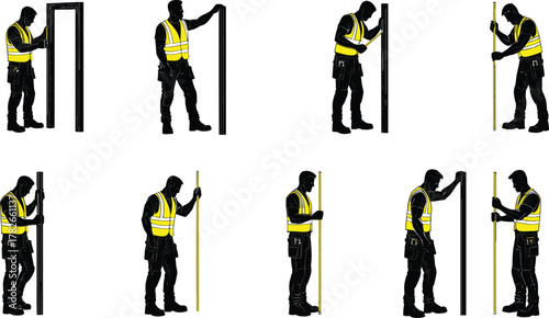 Construction worker silhouette, safety vest, vertical beam installation, industrial tools, measuring, inspection, teamwork, labor, framing, site work, engineering