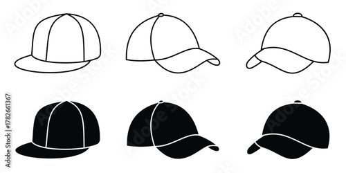Baseball Cap Icon Set – Black Silhouette and Line Vector of Sports Hat Design Collection