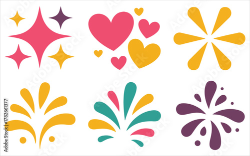 Set of Colorful Abstract Hearts, Sparkles, and Fireworks Elements