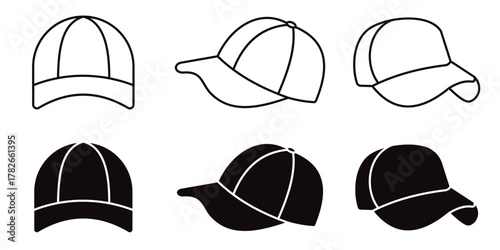 Baseball Cap Icon Set – Black Silhouette and Line Vector of Sports Hat Design Collection