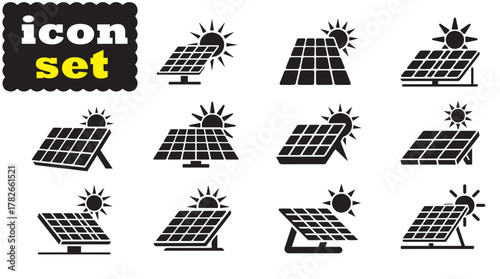 Solar panel with sun icon Set, Solar panel with sun solid vector
