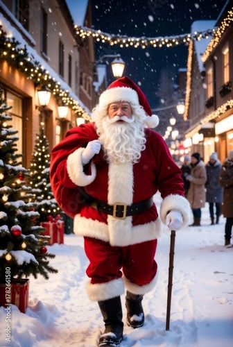 Santa Claus walks down the street at night on Christmas and New Year's Eve.