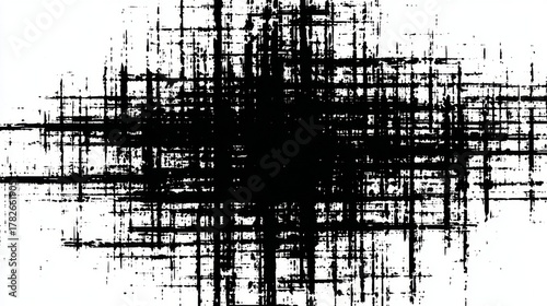 Black and white abstract grunge grid pattern, ink scratch overlay texture background for graphic design concepts.