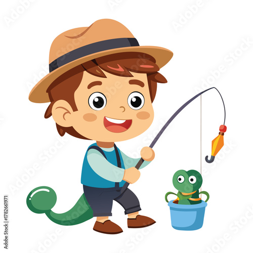 Smiling cartoon boy with a fishing rod and tackle in a fun illustrated style