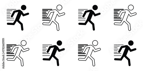 Two Running Figures Silhouette Set – Stick Figures Jogging & Sprinting, Fast Motion Black-and-White Athlete Icons