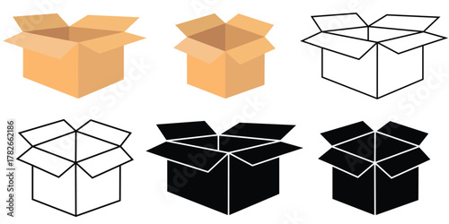 Cardboard Box Icon Set – Open and Closed Packaging Carton Vector Collection for 
Shipping and Delivery Design