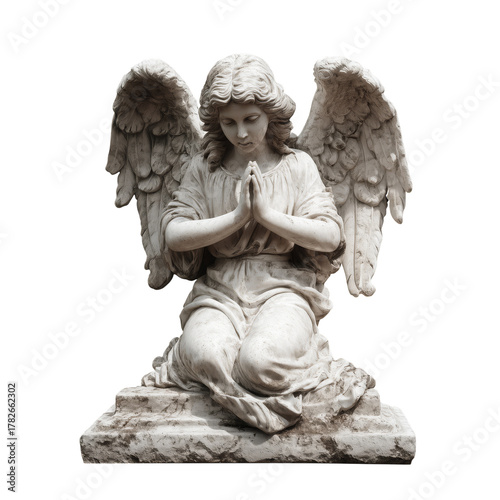 Stone Angel Sculpture Kneeling With Hands in Prayer, Symbolizing Peace and Sp...