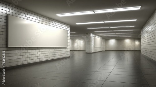 Fototapeta Naklejka Na Ścianę i Meble -  Clean underground subway station corridor with blank billboards and white tiled walls and dark reflective floor.