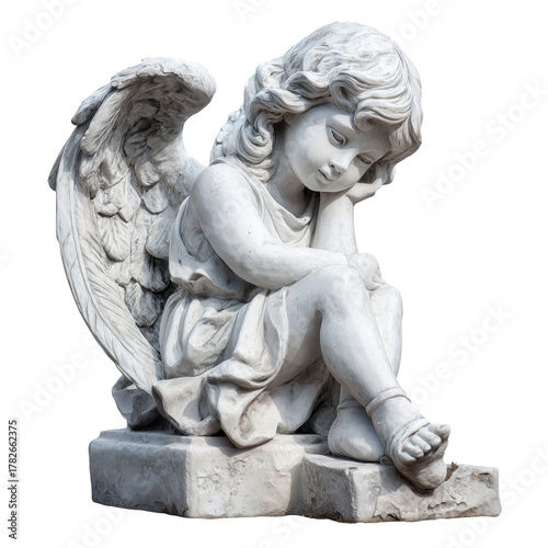 Soft Statue of a Cherubic Angel Sitting and Reflecting Quietly in a Serene Ga...