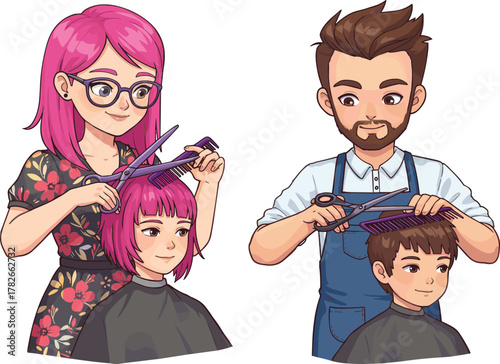 Cartoon hairdresser cutting hair in salon, professional barber and hairstylist working with clients, beauty and grooming illustration
