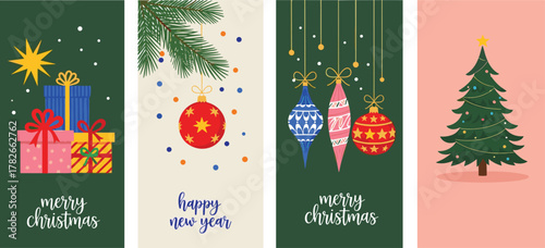 Set of four festive vertical banners for Christmas and New Year holidays, featuring a decorated tree, gift boxes, and hanging ornaments