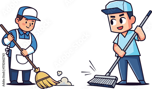 Cartoon janitors cleaning floor with broom and mop, professional workers maintaining cleanliness, hygiene service illustration concept design art