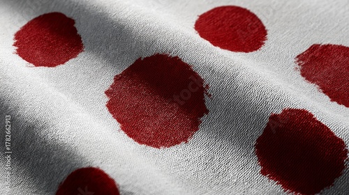 Deep red spots resembling blood stains or ink blots on a wrinkled white textured fabric surface, abstract background macro.