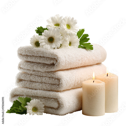 Relaxing Spa Setup With Towels, Flowers, and Candles for a Soothing Atmosphere