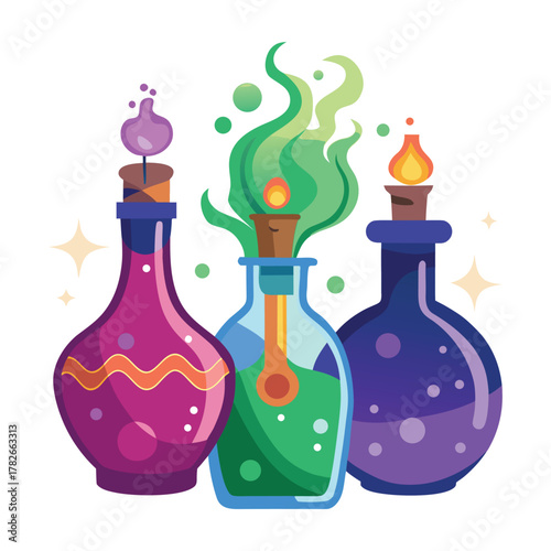 Vector illustration of a glass bottle with label for drink or chemical use