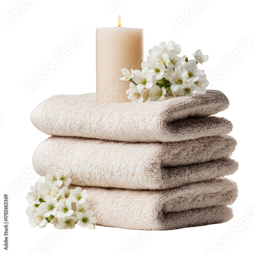Soft Towels, a Candle, and Fresh Flowers Create a Calming Spa Atmosphere for ...