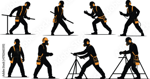 Construction workers silhouette, safety helmets, industrial site, black and white illustration, engineering tools, tripod measurement, manual labor, teamwork, building, industry
