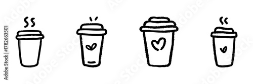 Coffee Cup With Heart Line Icon Set In Doodle Style. Warm Beverage, Love For Coffee, And Cafe Culture Outline Sketch Collection. Hand Drawn Isolated Vector Illustration
