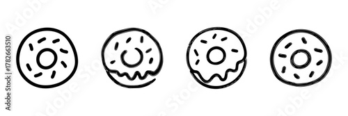 Donut Line Icon Set In Doodle Style. Sweet Treats And Bakery Goods Outline Sketch Collection. Dessert And Snack Illustration. Hand Drawn Isolated Vector Illustration