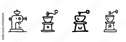 Vintage Coffee Grinder Line Icon Set In Doodle Style. Manual Coffee Grinding And Brewing Equipment Outline Sketch Collection. Hand Drawn Isolated Vector Illustration