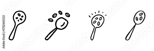 Spoon With Seeds Line Icon Set In Doodle Style. Culinary Ingredients, Cooking, And Nutrition Outline Sketch Collection. Kitchen Utensils And Food Preparation. Hand Drawn Isolated Vector Illustration