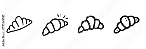 Croissant Line Icon Set In Doodle Style. French Pastry, Bakery, And Breakfast Food Outline Sketch Collection. Hand Drawn Isolated Vector Illustration