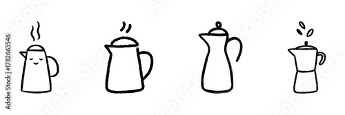 Coffee Pot And Kettle Line Icon Set In Doodle Style. Brewing, Steaming, And Coffee Preparation Outline Sketch Collection. Hand Drawn Isolated Vector Illustration