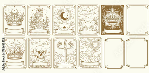 Ornate vintage-style mystical engravings featuring majestic crowns, celestial elements, wild nature, symbolic artifacts, and ornate frames, ideal for esoteric card designs and labels