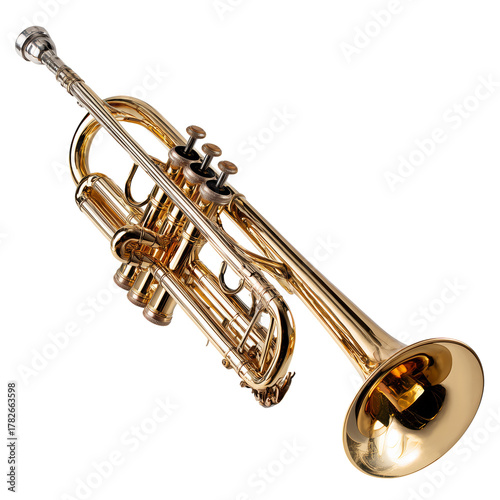 Brass Trumpet Shines With Detail in Bright Light on a Simple Background