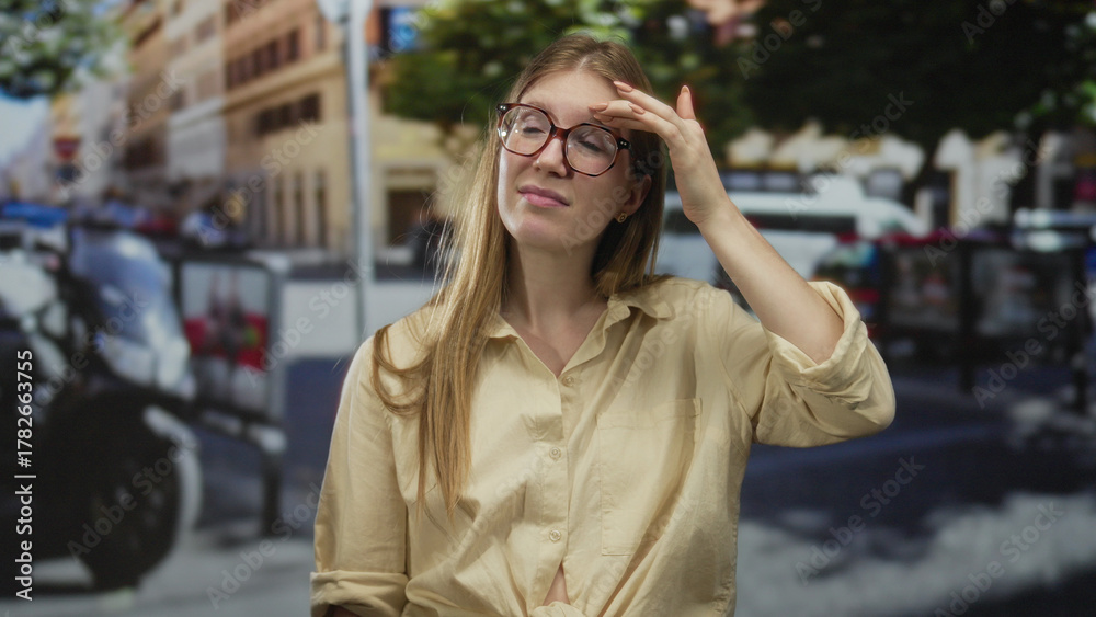 Fototapeta premium Young blonde woman shades eyes with hand while squinting under bright sunlight on a busy city street; discomfort.