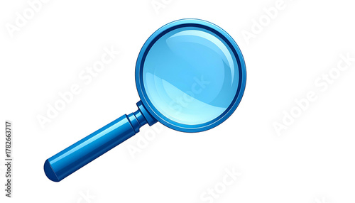 A stylized, blue magnifying glass, depicted with highlights against a black background