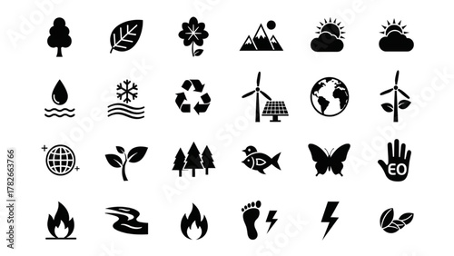 Nature and Environment Silhouette Icons Set — 24 Black Vector Eco, Green, and Outdoor Symbols for Sustainability and Climate Design