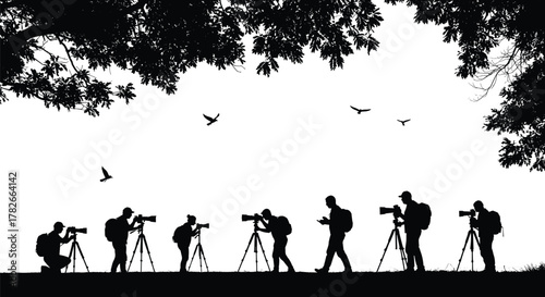 Silhouette, photographers, nature, tripods, cameras, outdoor, wildlife, birds, trees, sky, teamwork, hobby, adventure, landscape, photography, group, field, shooting, forest, environment,