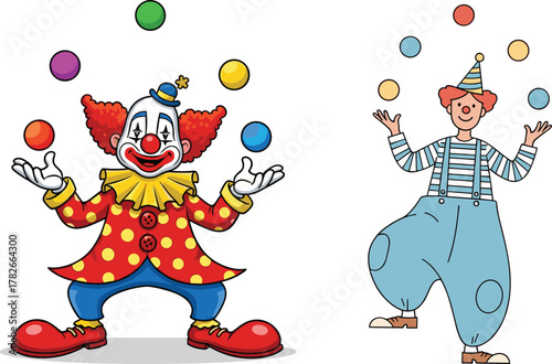 Cartoon male clowns juggling colorful balls, funny circus performers, cheerful entertainers in costume, comedy show illustration concept art