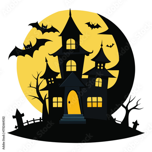 halloween house with bats and moon