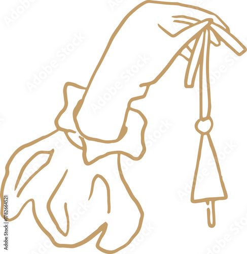 Whimsical line art golden illustration of hand holding bell. Vector Christmas doodle graphic