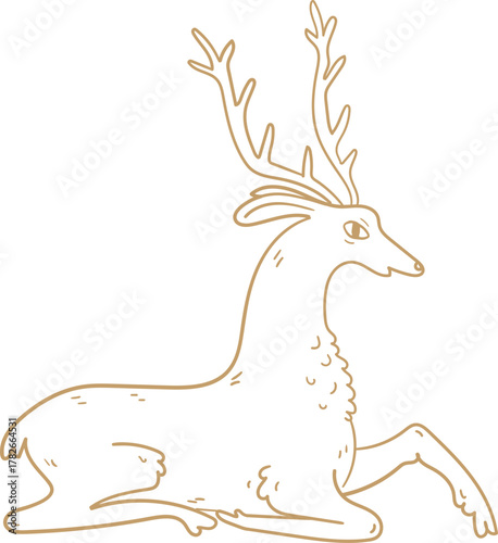 Whimsical line art golden illustration of reclining deer with antlers. Vector Christmas doodle graphic