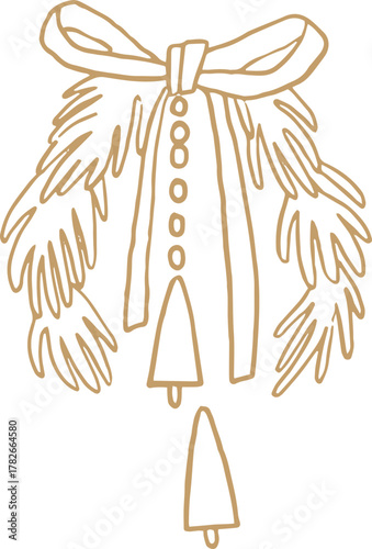 Whimsical line art golden illustration of Christmas bells and tinsel on pine garland. Vector Christmas doodle graphic